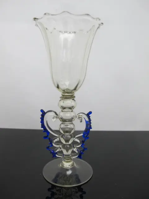 Venetian Hand Blown Art Glass Decorative Tipetto Wine Goblet With Blue Wings, photo 6 of 8