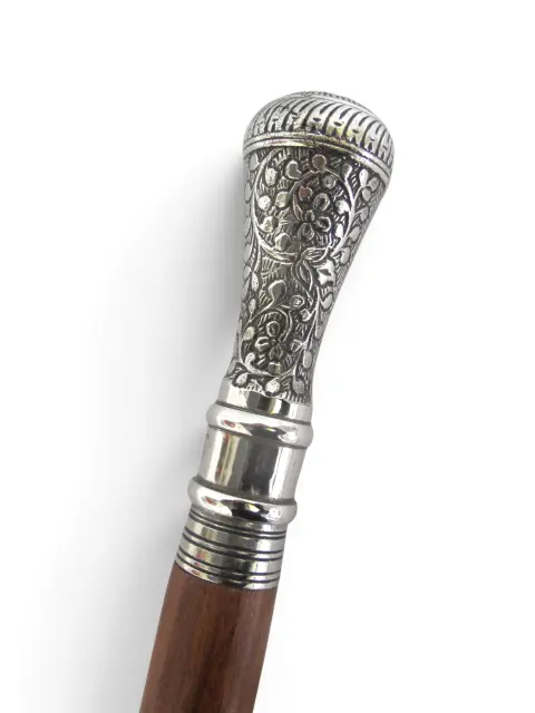Victorian Floral Chased Silver Plate Cigar Smugglers Walking Stick Cane, photo 3 of 10