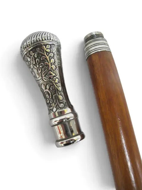 Victorian Floral Chased Silver Plate Cigar Smugglers Walking Stick Cane, photo 8 of 10