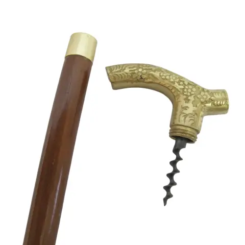 Victorian Floral Embossed Brass Walking Tippling Stick Cane W/Hidden Cork Screw, photo 3 of 11