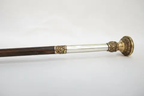 Victorian Ornate Repousse Brass & Mother of Pearl Walking Stick Cane, photo 1 of 8