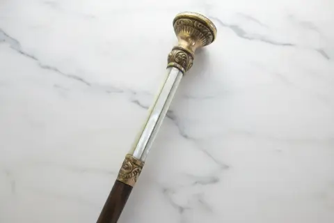 Victorian Ornate Repousse Brass & Mother of Pearl Walking Stick Cane, photo 3 of 8