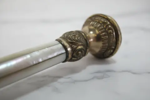Victorian Ornate Repousse Brass & Mother of Pearl Walking Stick Cane, photo 4 of 8