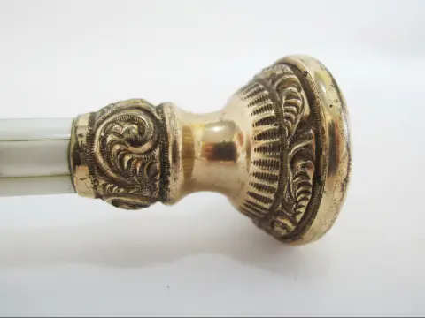 Victorian Ornate Repousse Brass & Mother of Pearl Walking Stick Cane, photo 5 of 8