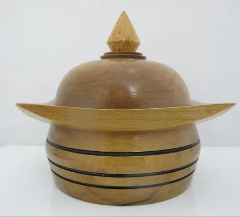 Vintage 1976 Hand Turned Wood Geometric Circular Box With Dome Lid, photo 1 of 10