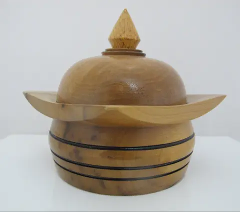 Vintage 1976 Hand Turned Wood Geometric Circular Box With Dome Lid, photo 2 of 10