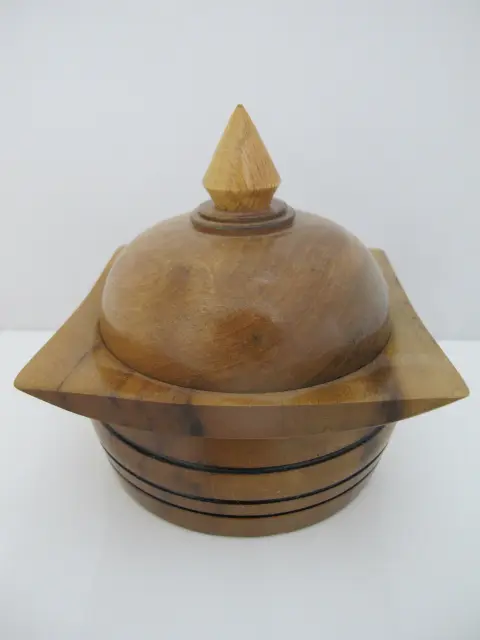 Vintage 1976 Hand Turned Wood Geometric Circular Box With Dome Lid, photo 3 of 10