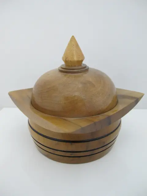 Vintage 1976 Hand Turned Wood Geometric Circular Box With Dome Lid, photo 4 of 10