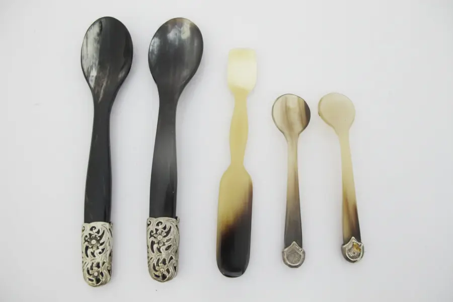 Vintage Natural HORN Sterling Silver Floral Mounted CAVIAR Serving Spoon Set of 5