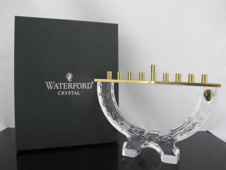 WATERFORD Crystal & Brass MENORAH Holiday Chanukah Candle Holder Original Box