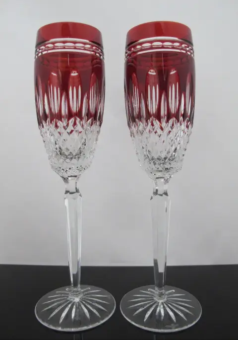 Waterford Crystal Clarendon Ruby Red Champagne Flute Glass Pair, photo 1 of 8